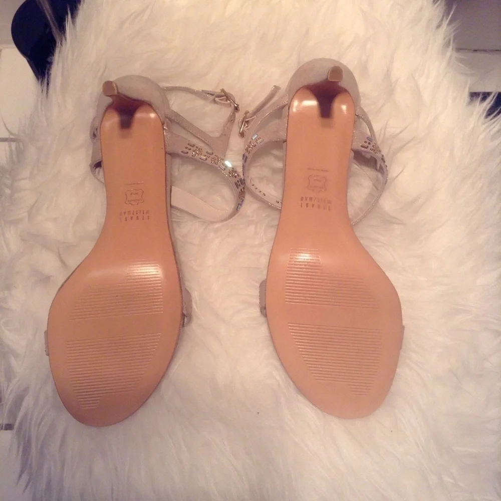 💕STUART WEITZMAN💕 Fireplace Sandal Ankle Strap Heels Light Gold Jewels 9.5